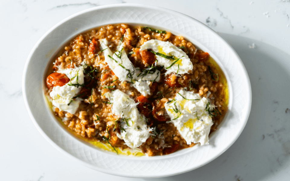 Tomato Risotto with Burrata and Basil